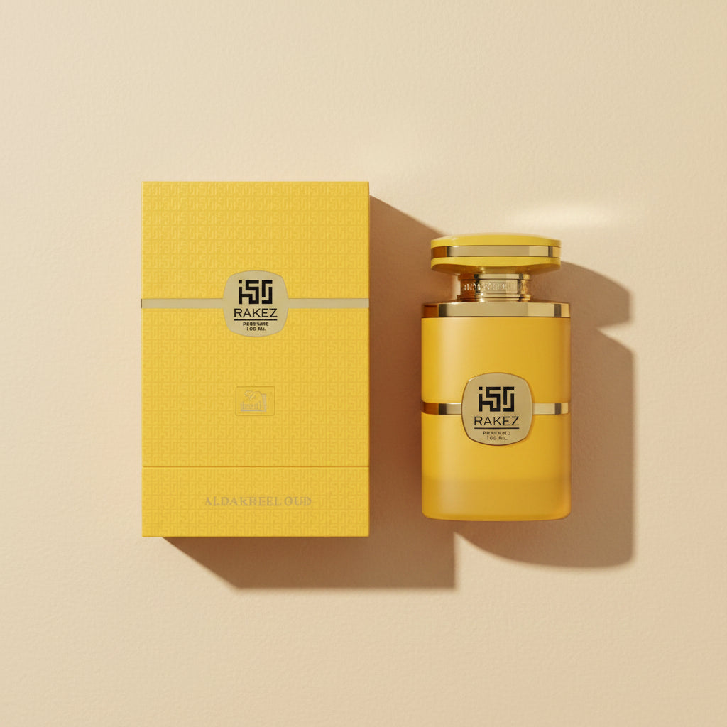 Rakez perfume bottle and packaging with gold accents on a white background