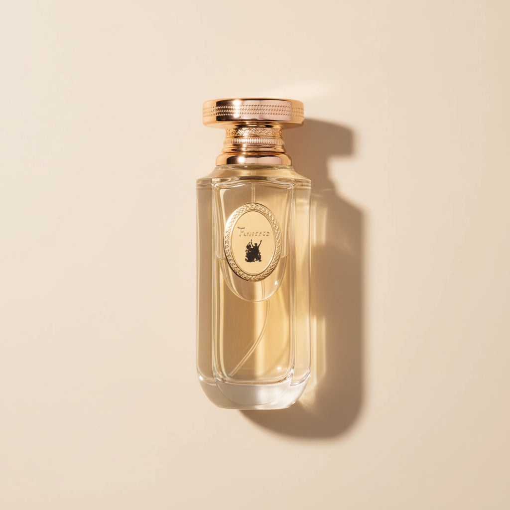 Perfume bottle and packaging with gold accents on a white background