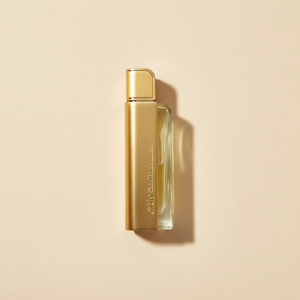 Gold cosmetic bottle with a brand logo on a white background