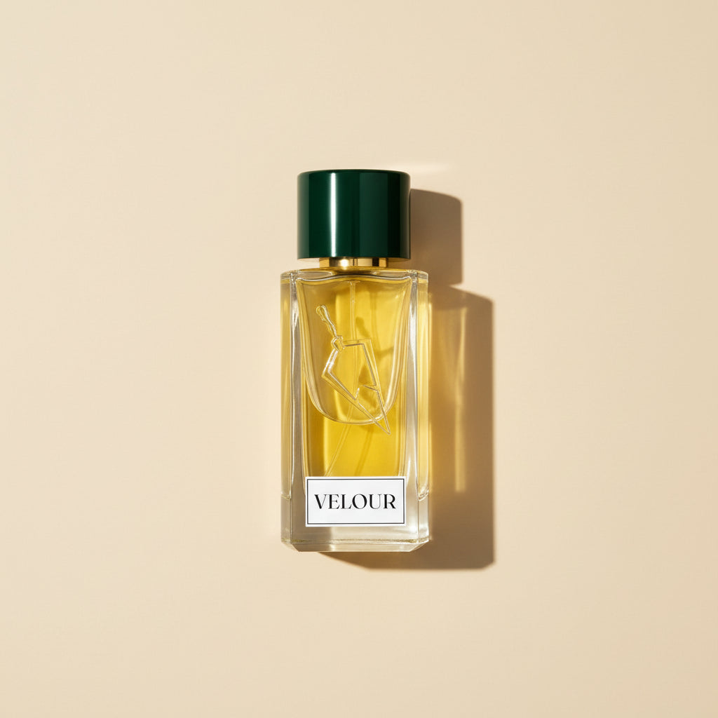 Perfume bottle labeled 'Velour' on a white background