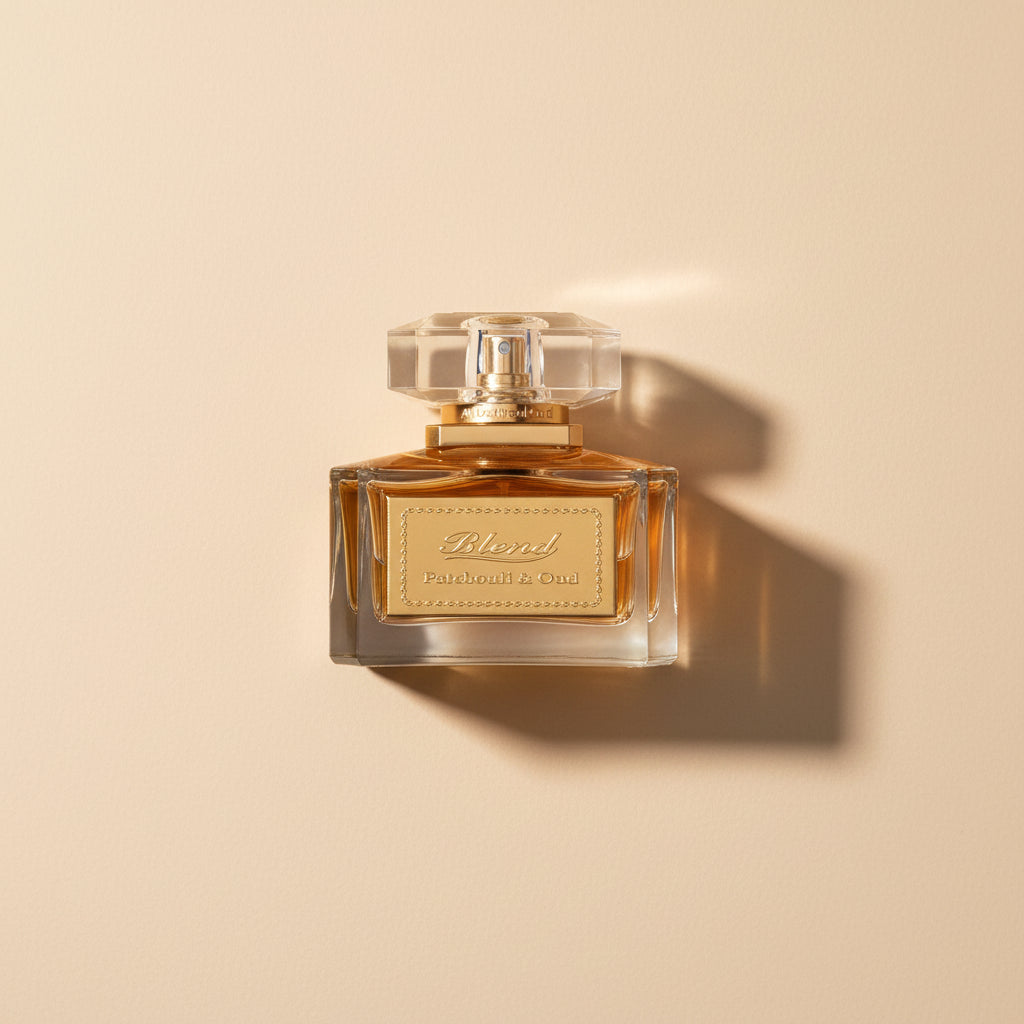 Perfume bottle with gold and clear design on a white background