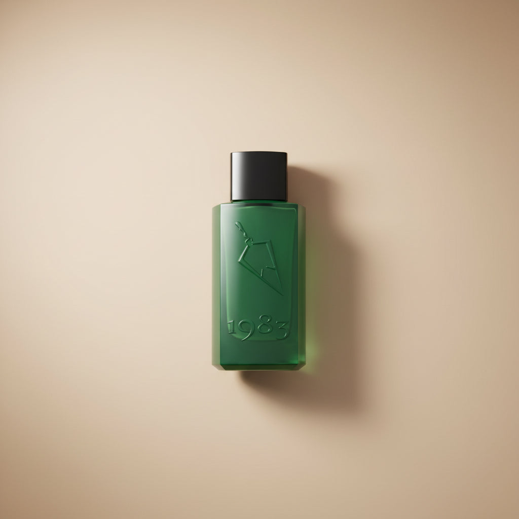 Green perfume bottle and box with '1983' branding on a white background