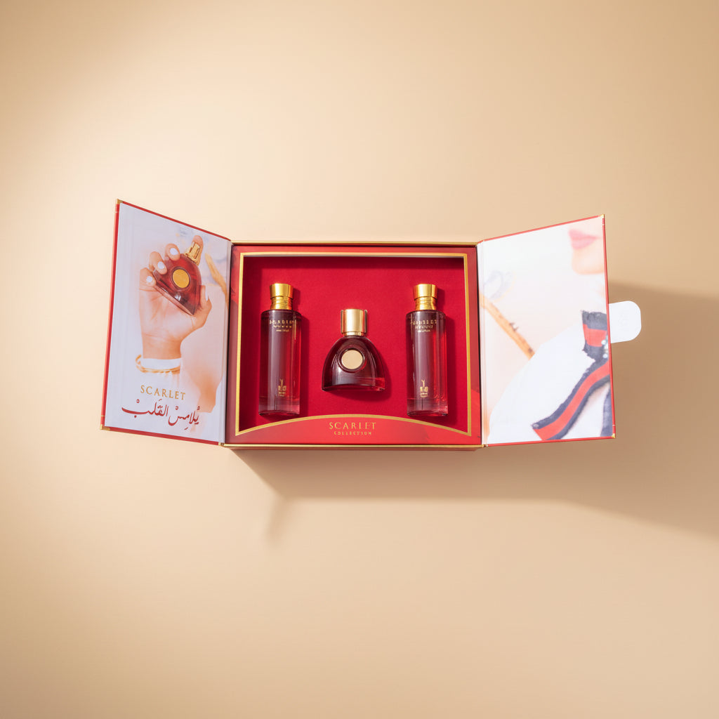 Scarlet Collection perfume set in a red box with decorative panels on a white background