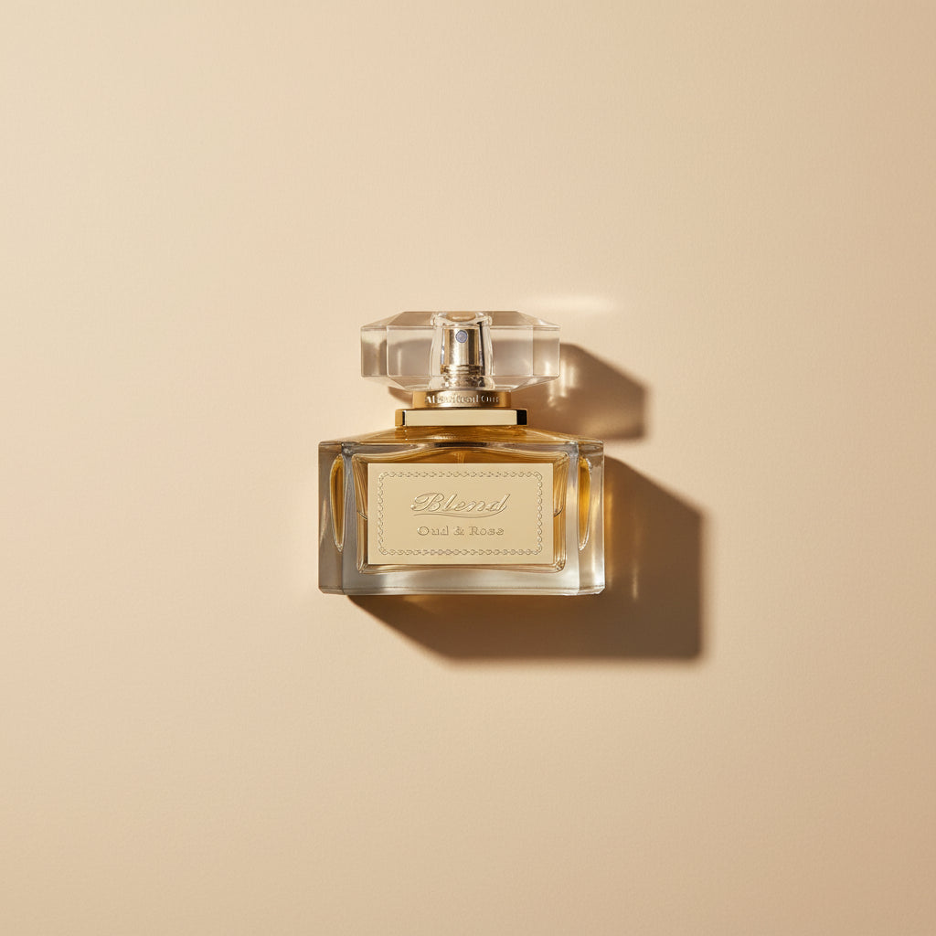 Perfume bottle with gold accents on a white background