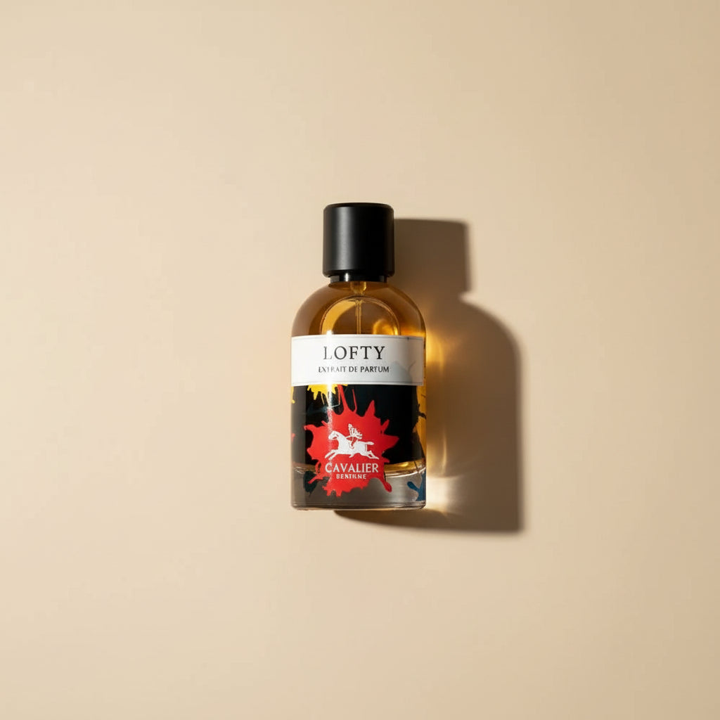 Perfume bottle labeled 'Lofty' with a red logo on a white surface with dried plants.