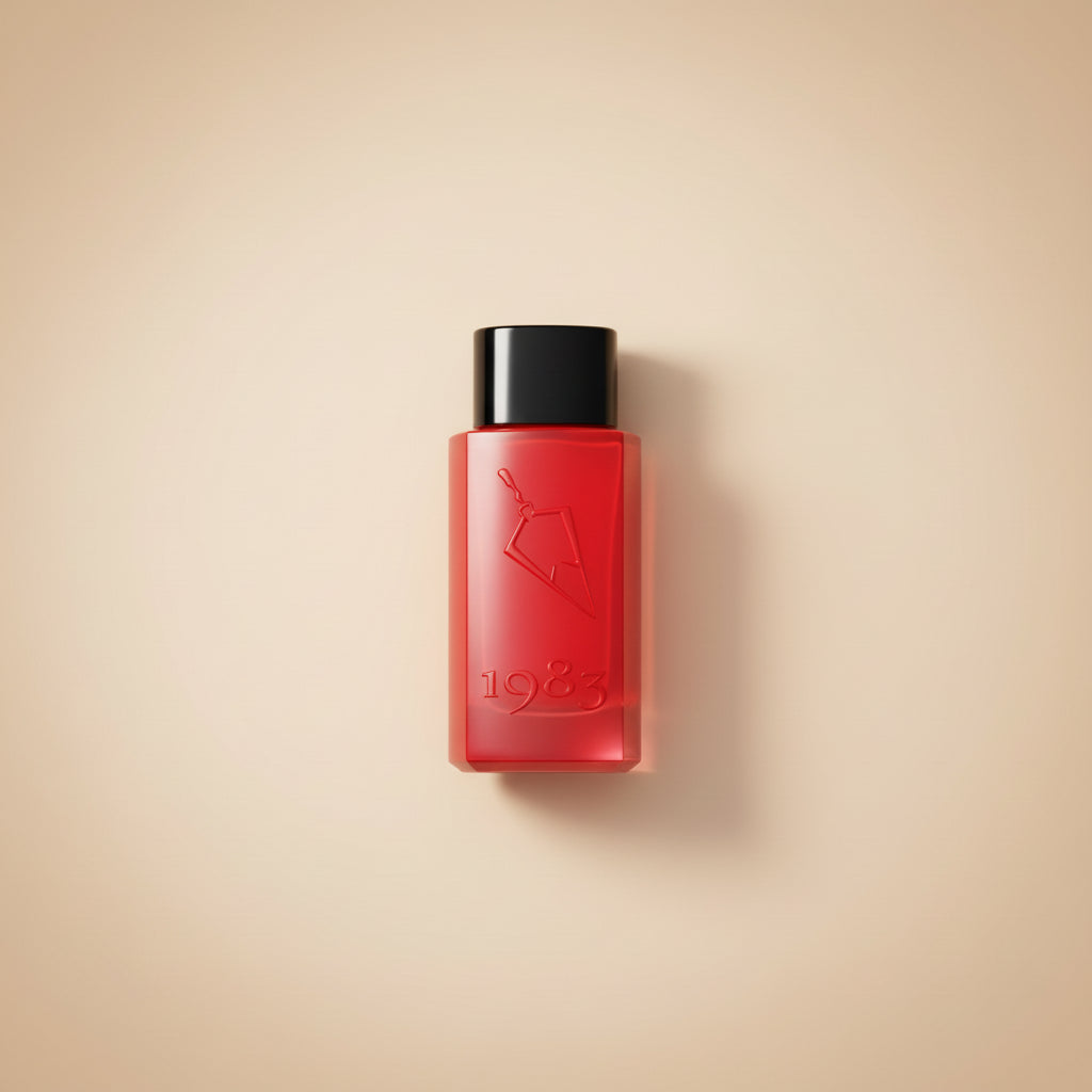 Red perfume bottle with black cap inside a matching red box on a white background