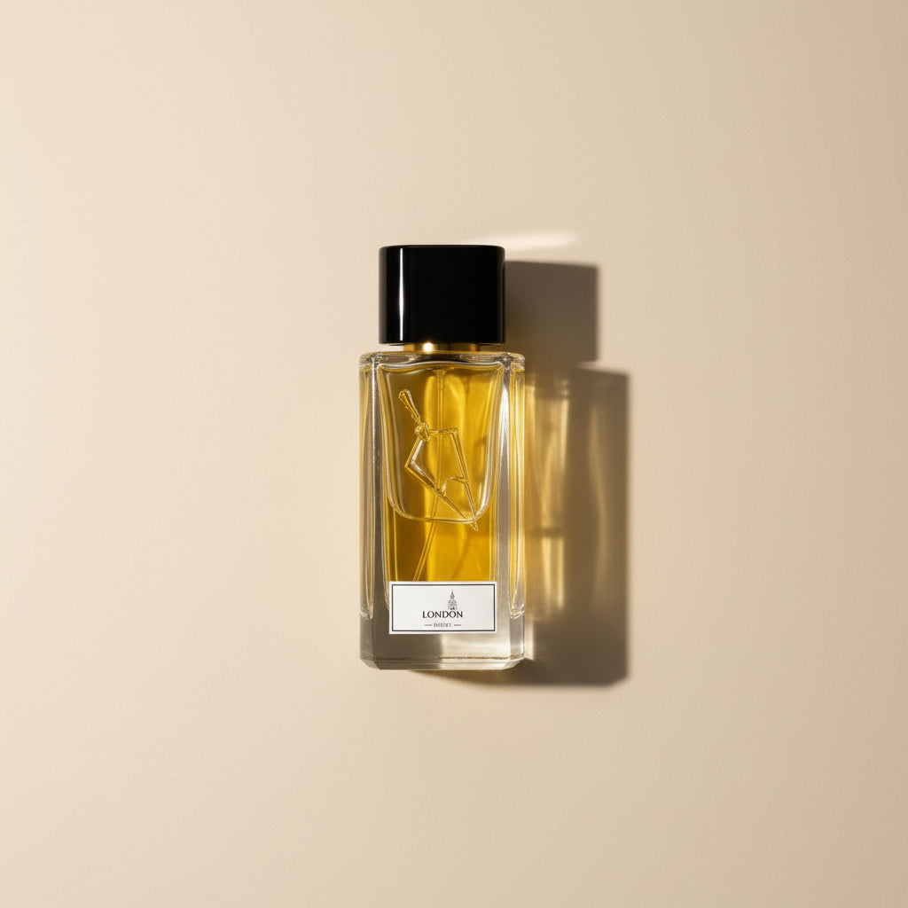 Perfume bottle with a black cap and clear label on a beige background