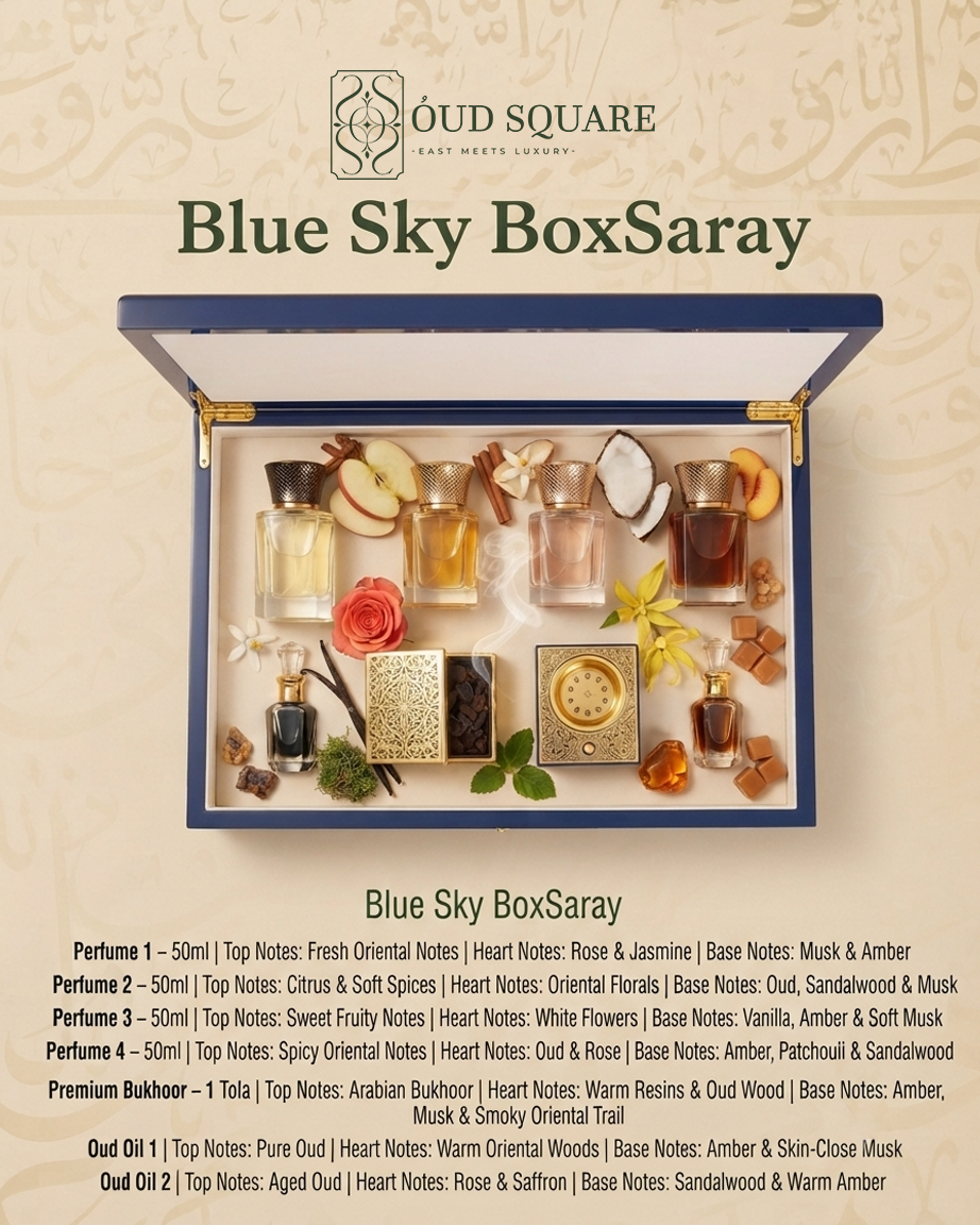 Blue Sky Box by Saray — four perfumes Bukhoor and two oud oils complete Oriental fragrance gift set