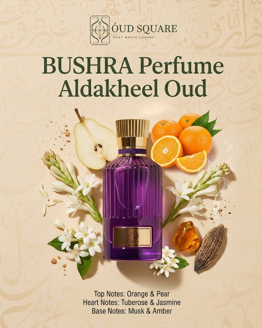 Bushra EDP by Aldakheel Oud — fruity floral feminine perfume with orange pear tuberose jasmine and amber