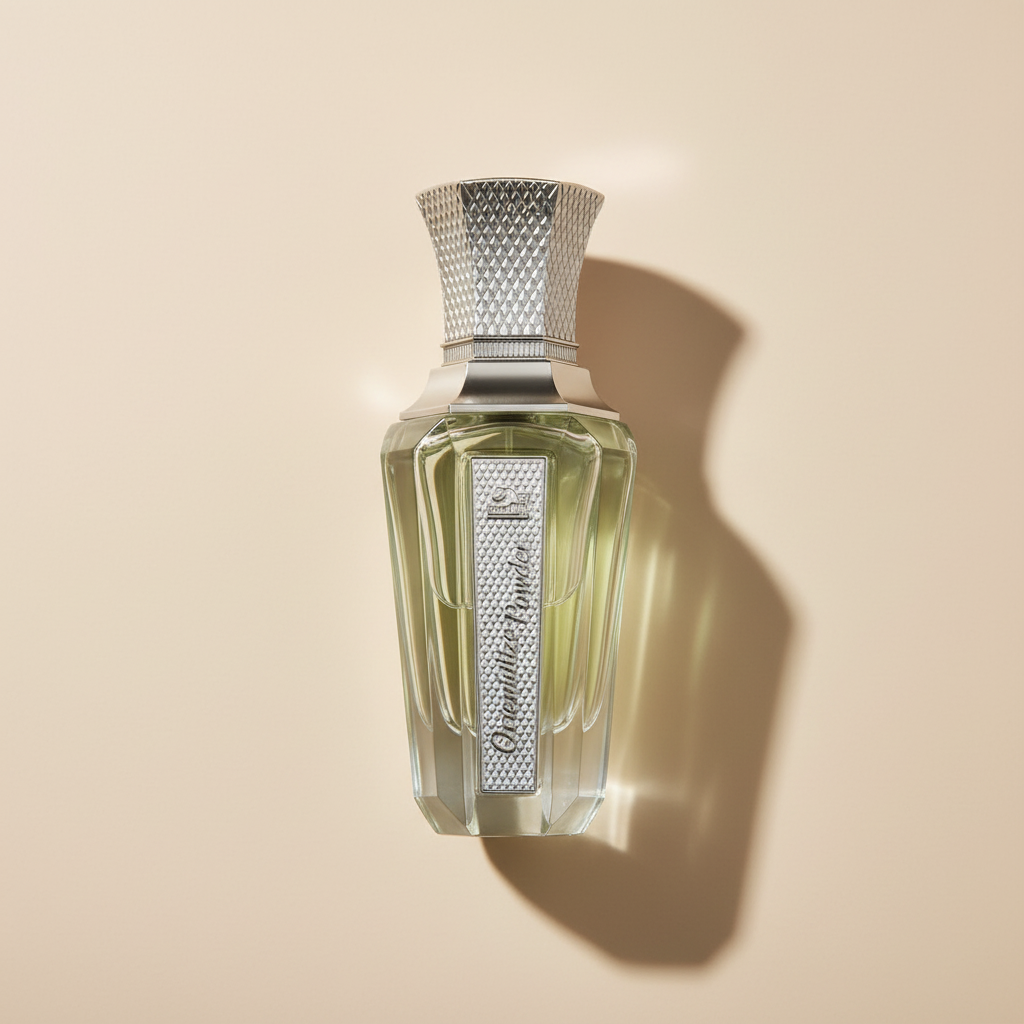 Perfume bottle with decorative cap on a white background