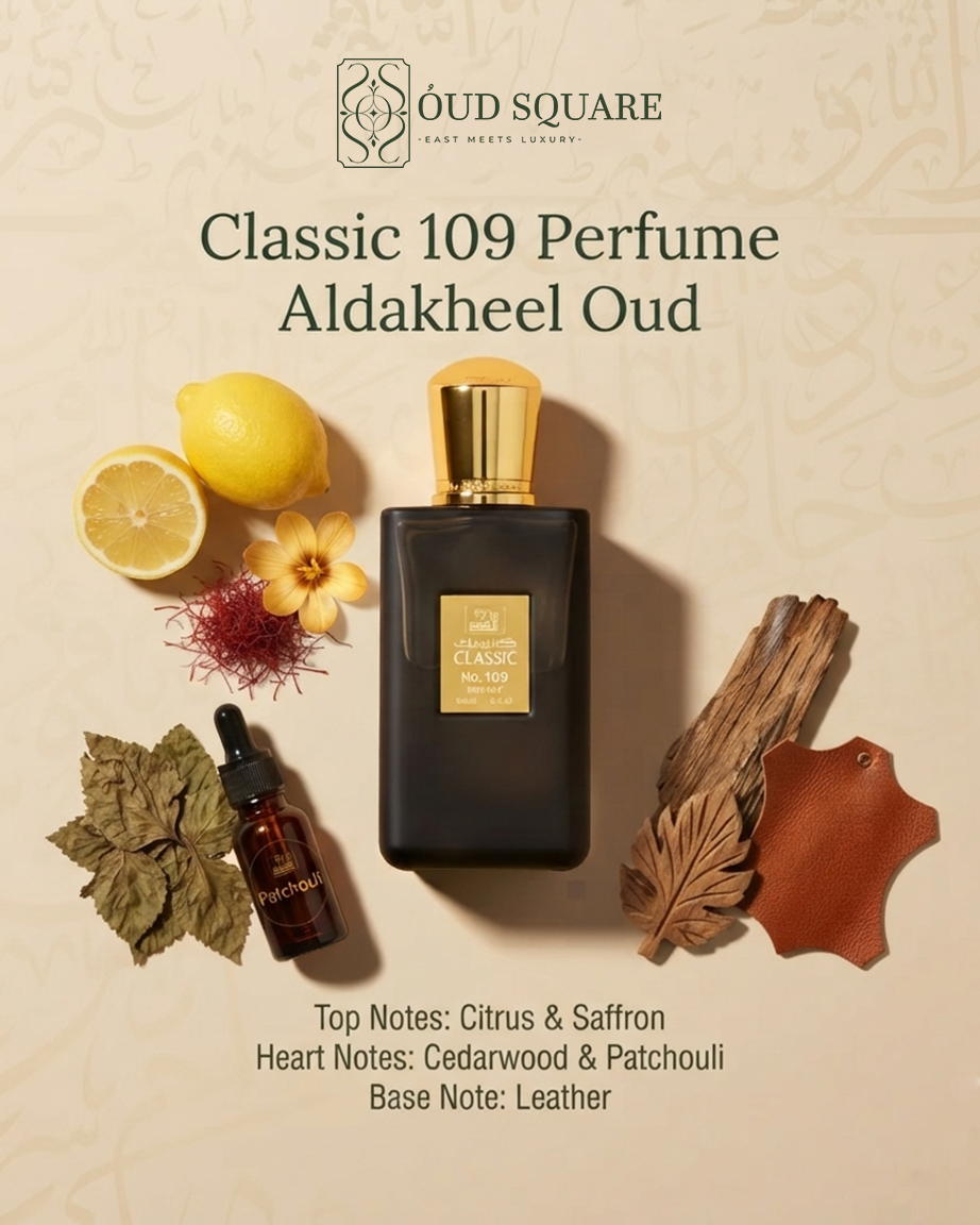 Classic 109 EDP by Aldakheel Oud — citrus saffron cedarwood patchouli leather timeless Oriental unisex perfume