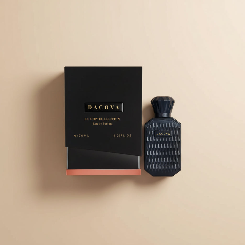 Dacova luxury collection perfume bottle and packaging on a white background