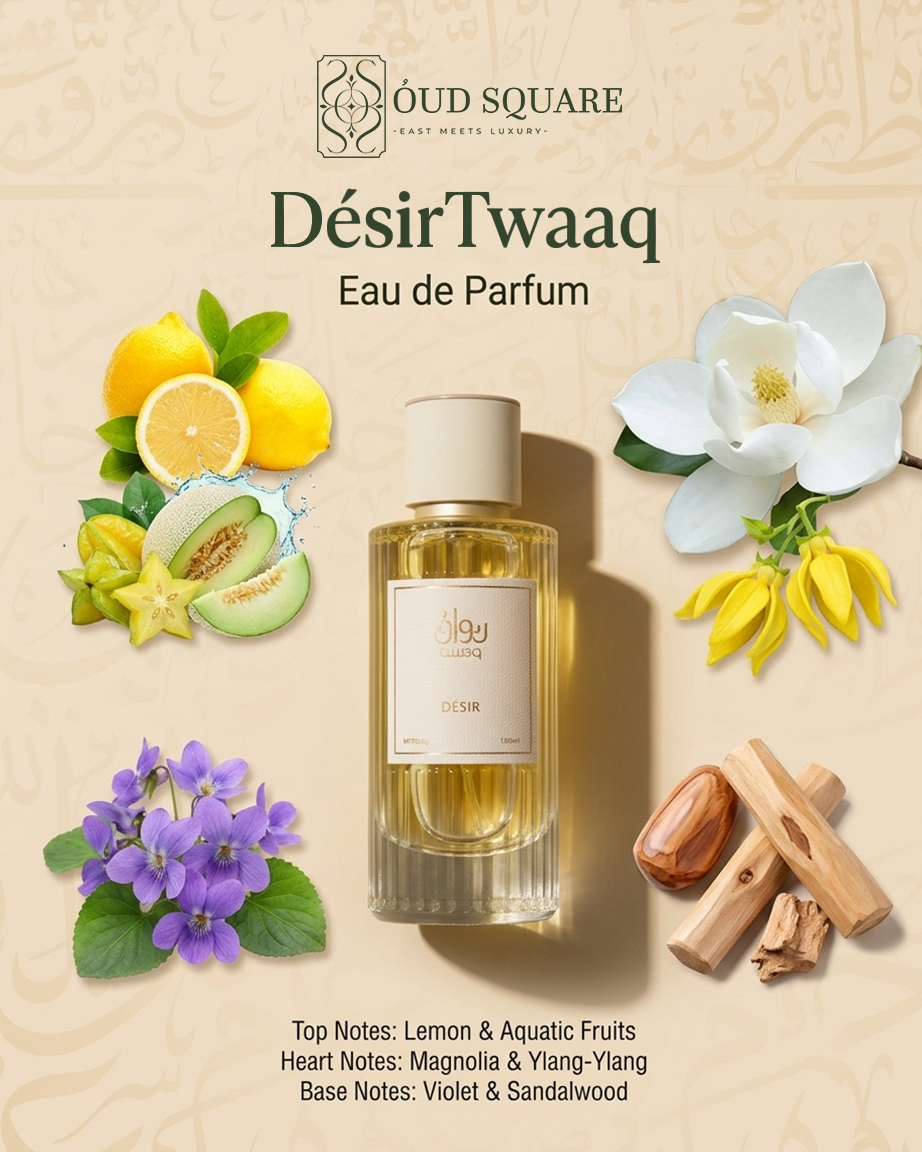 Désir unisex eau de parfum with lemon aquatic fruits ylang-ylang and violet — Twaaq elegant fragrance