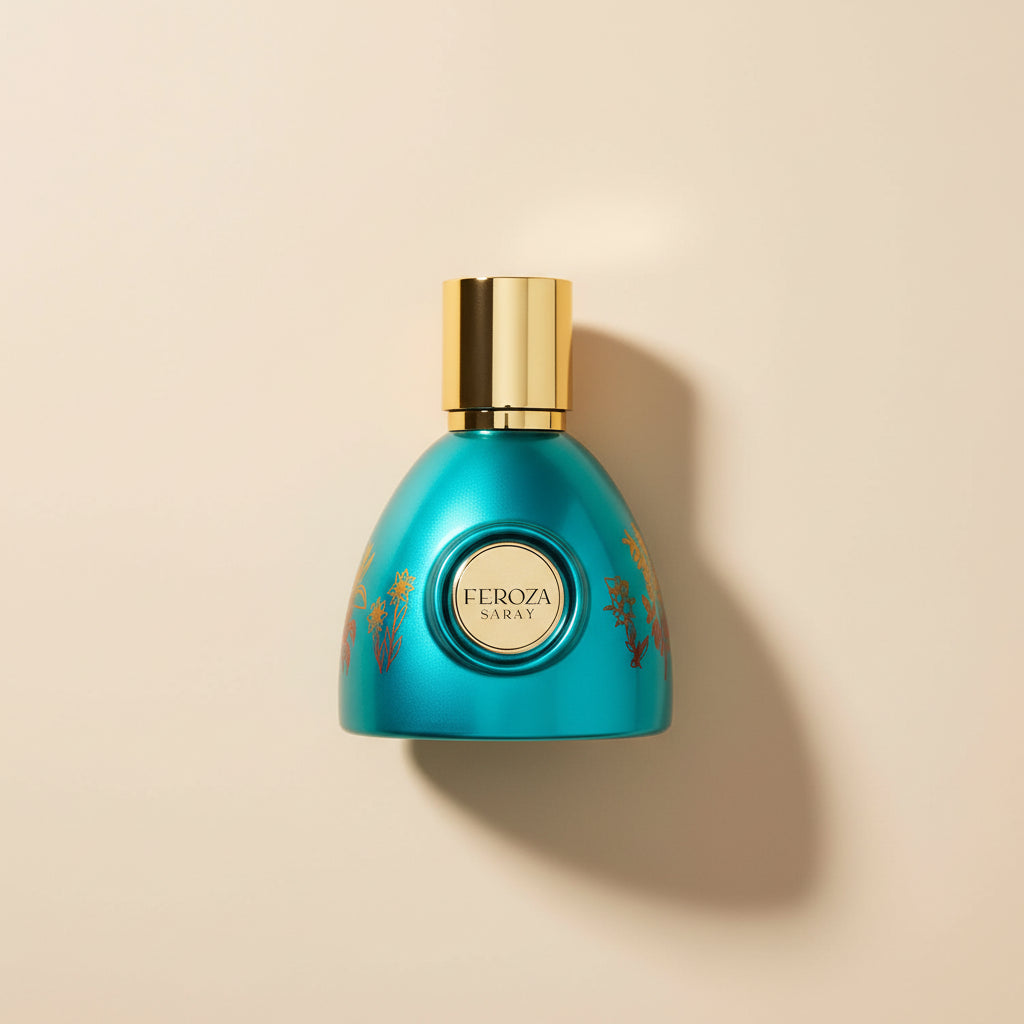 Turquoise perfume bottle with gold cap on a white background