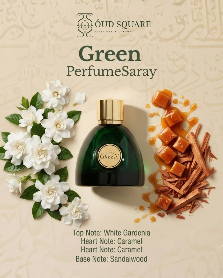 Green EDP 100ml by Saray — white gardenia caramel sandalwood fresh warm women's perfume bottle