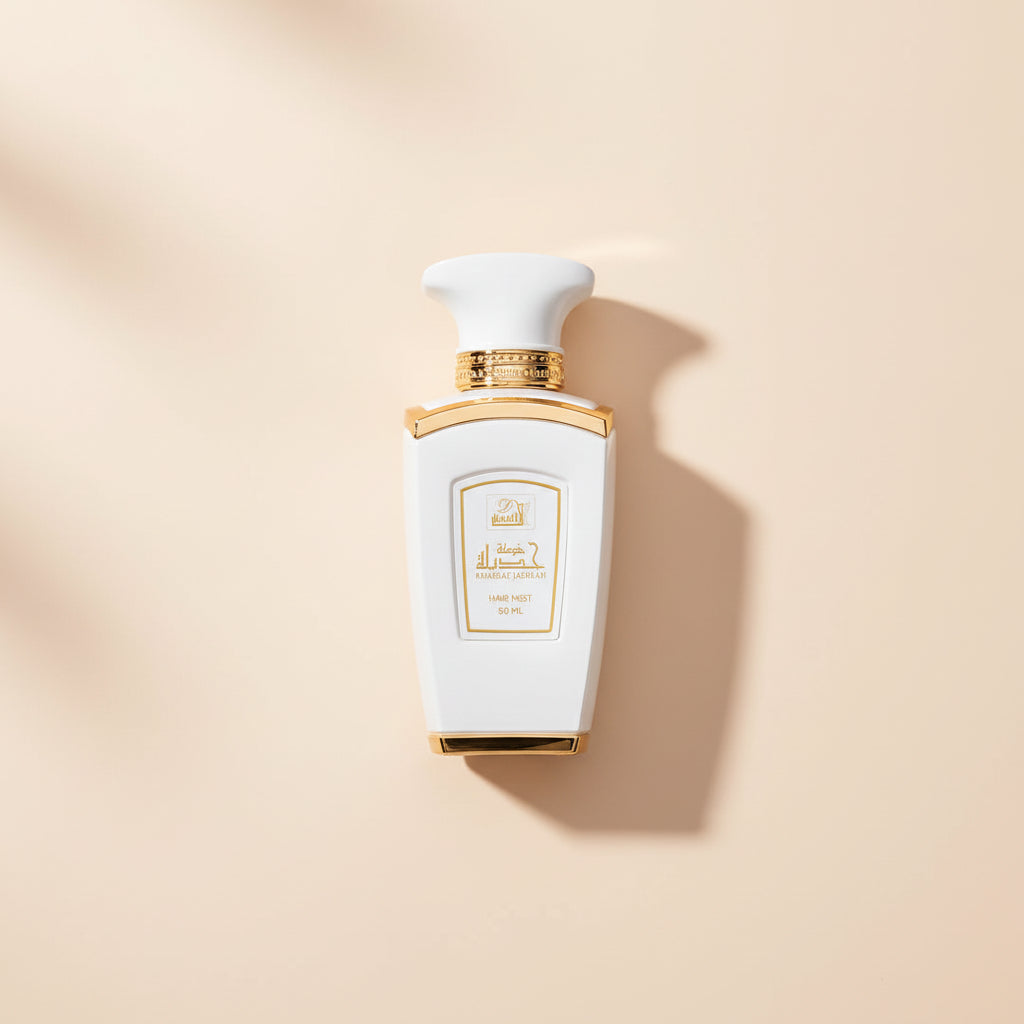 White and gold hair mist bottle on a white background