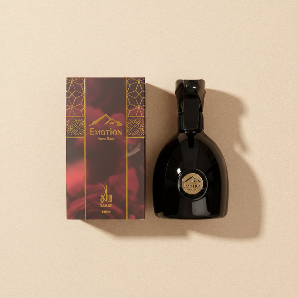 Black spray bottle and packaging with 'Emotion' branding on a white background