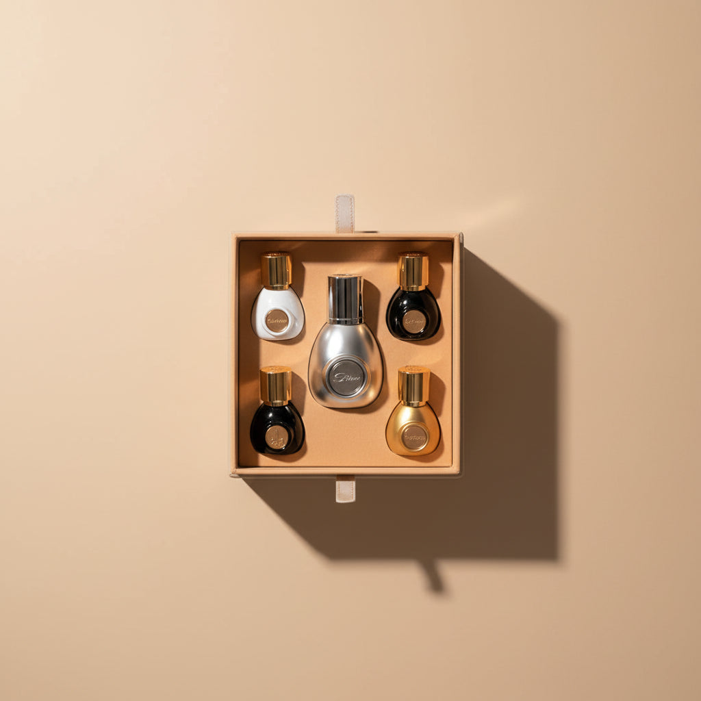 Set of perfume bottles in a beige leather display case on a reflective surface with a gradient background.