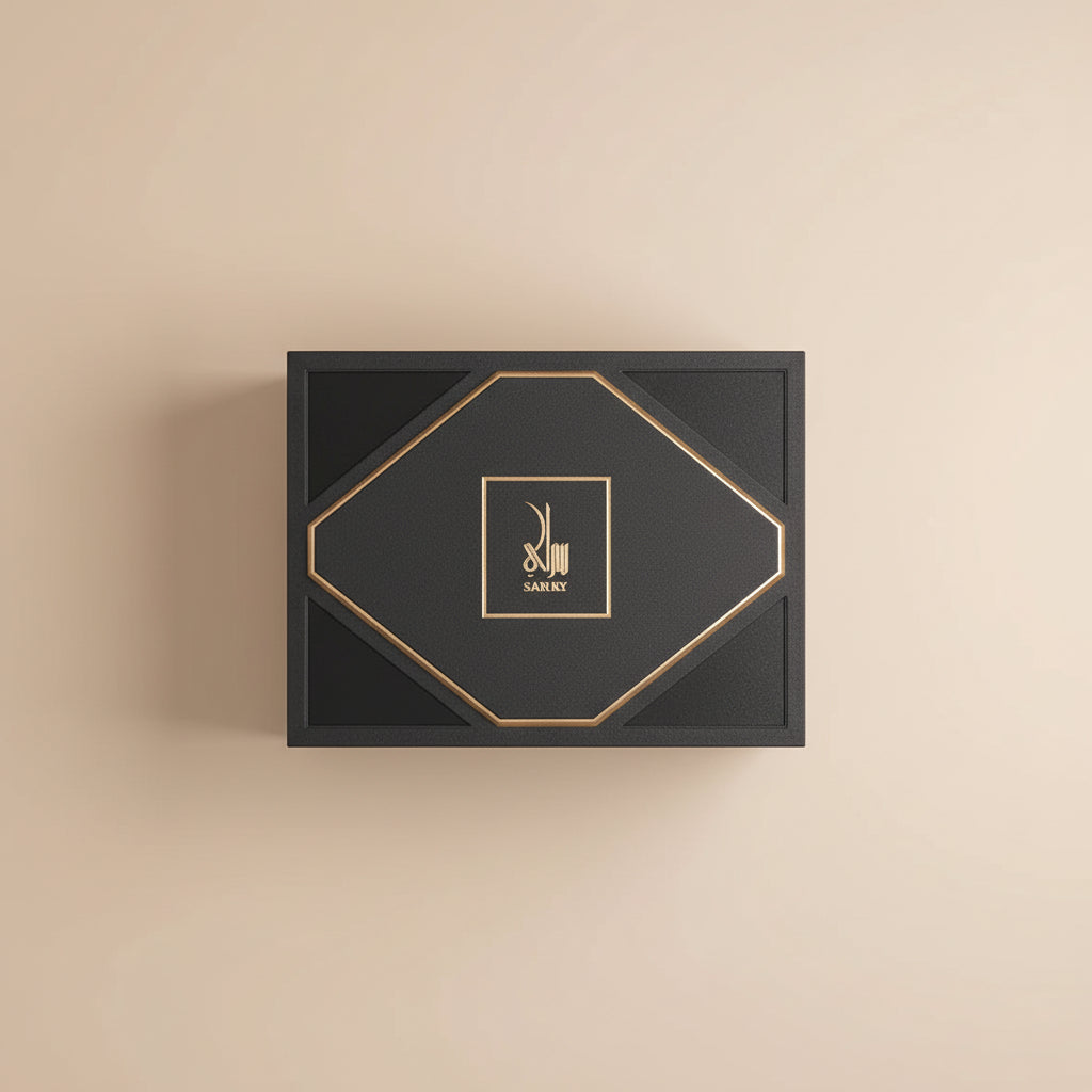 Set of perfume bottles in a black box with gold accents on a gray background