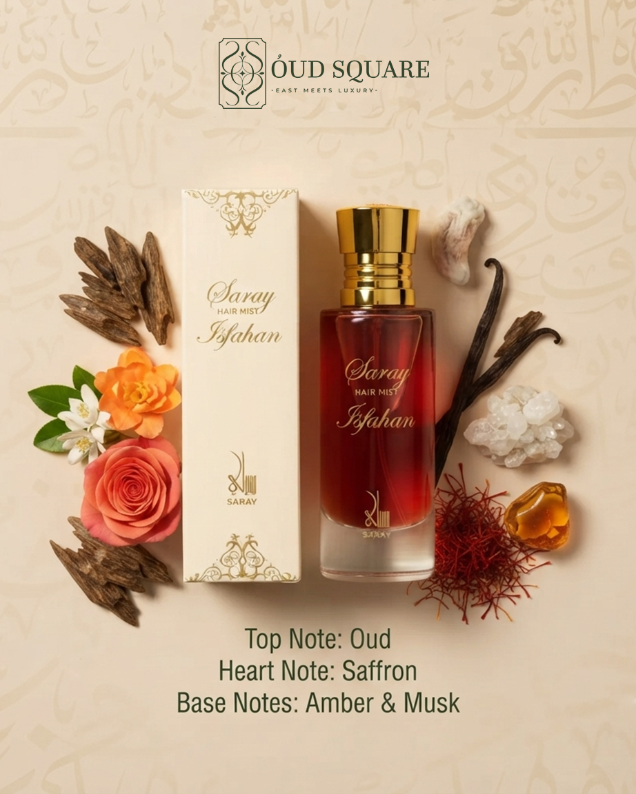 Isfahan Hair Mist 100ml by Saray — oud saffron amber musk Oriental luxury hair fragrance spray bottle