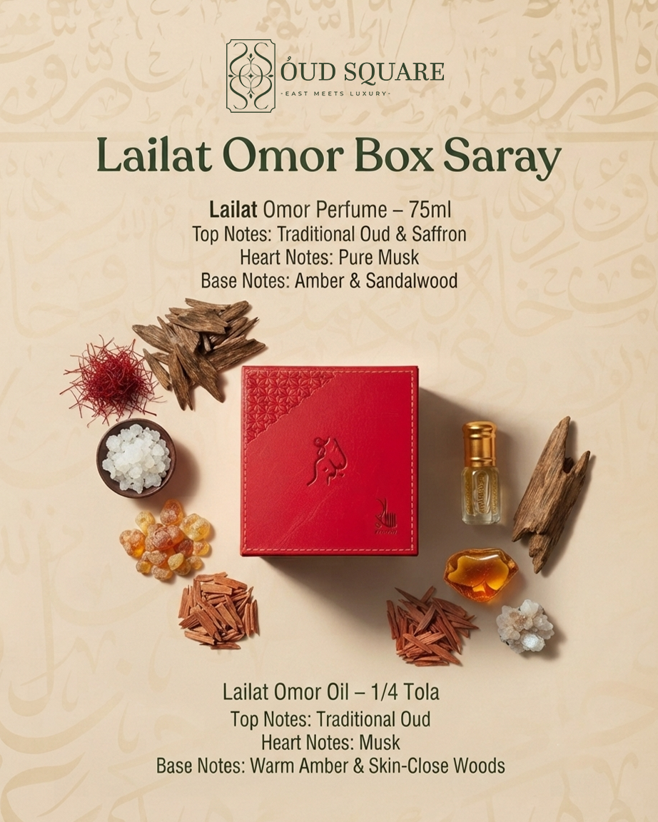 Lailat Omor Box by Saray — 75ml perfume and quarter tola oil luxury occasion fragrance gift set