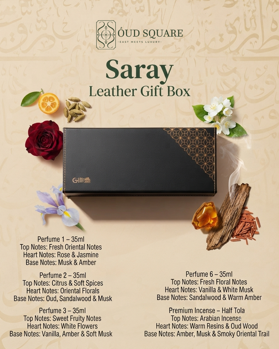 Leather Gift Box by Saray — six 35ml perfumes and premium incense in luxury leather keepsake box