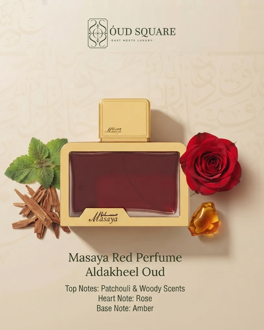 Masaya Red EDP by Aldakheel Oud — patchouli woody scents rose amber warm romantic women's perfume bottle