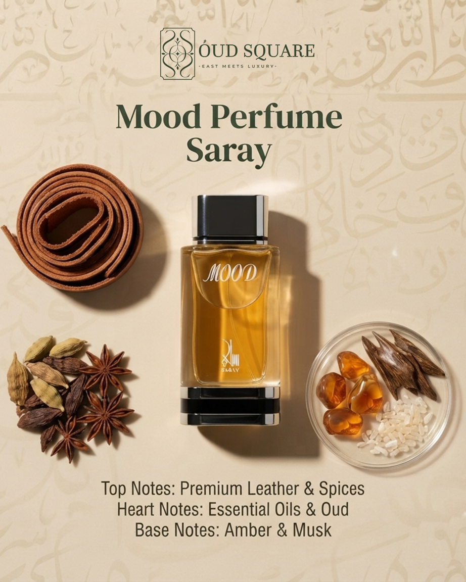 Mood EDP by Saray — premium leather spices oud amber musk bold sophisticated unisex perfume bottle