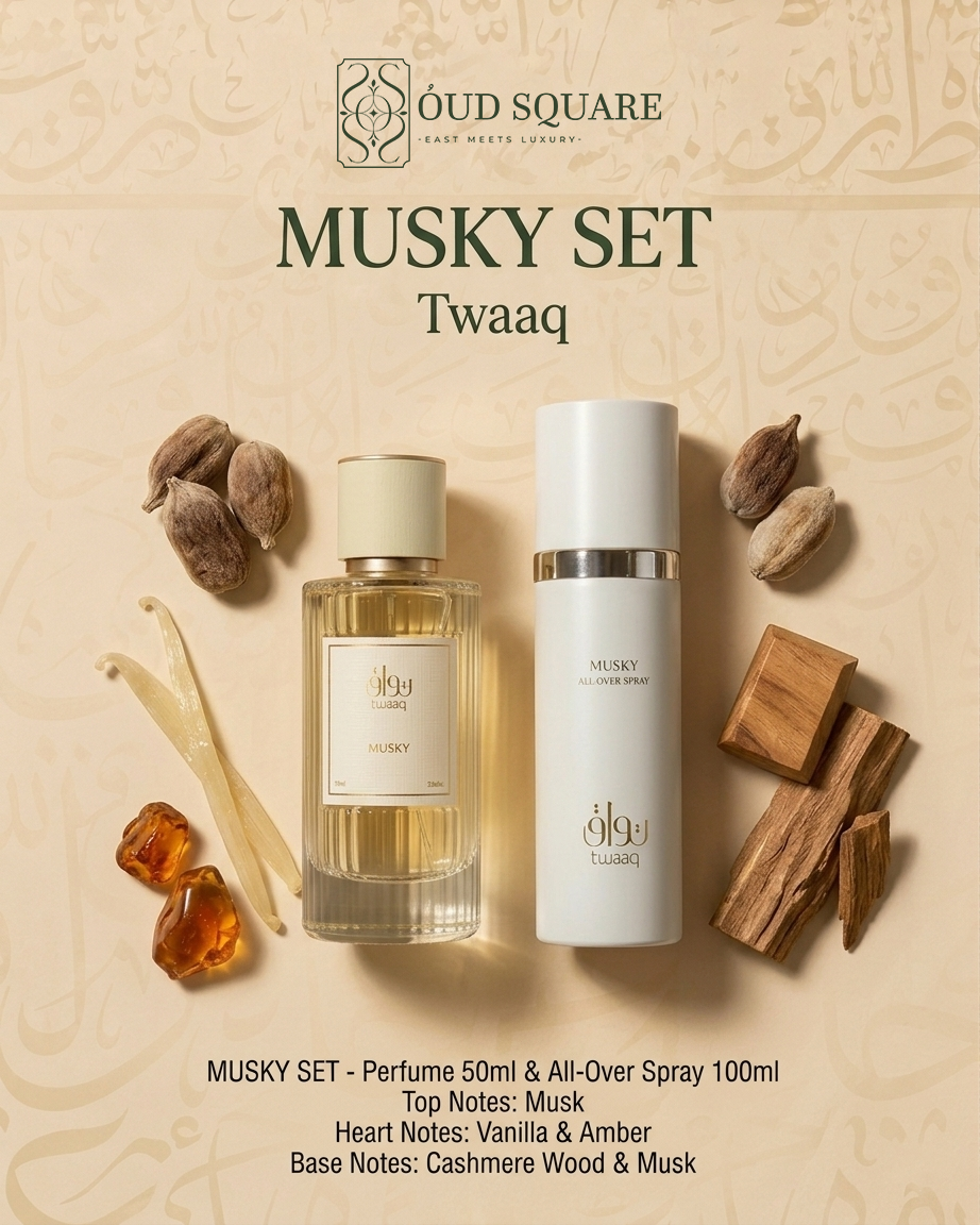 Musky Set light fragrance EDT and All Over Spray — soft clean musk cashmere wood layering set by Twaaq