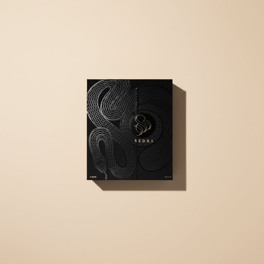 Black and white packaging design with 'Sedra' logo