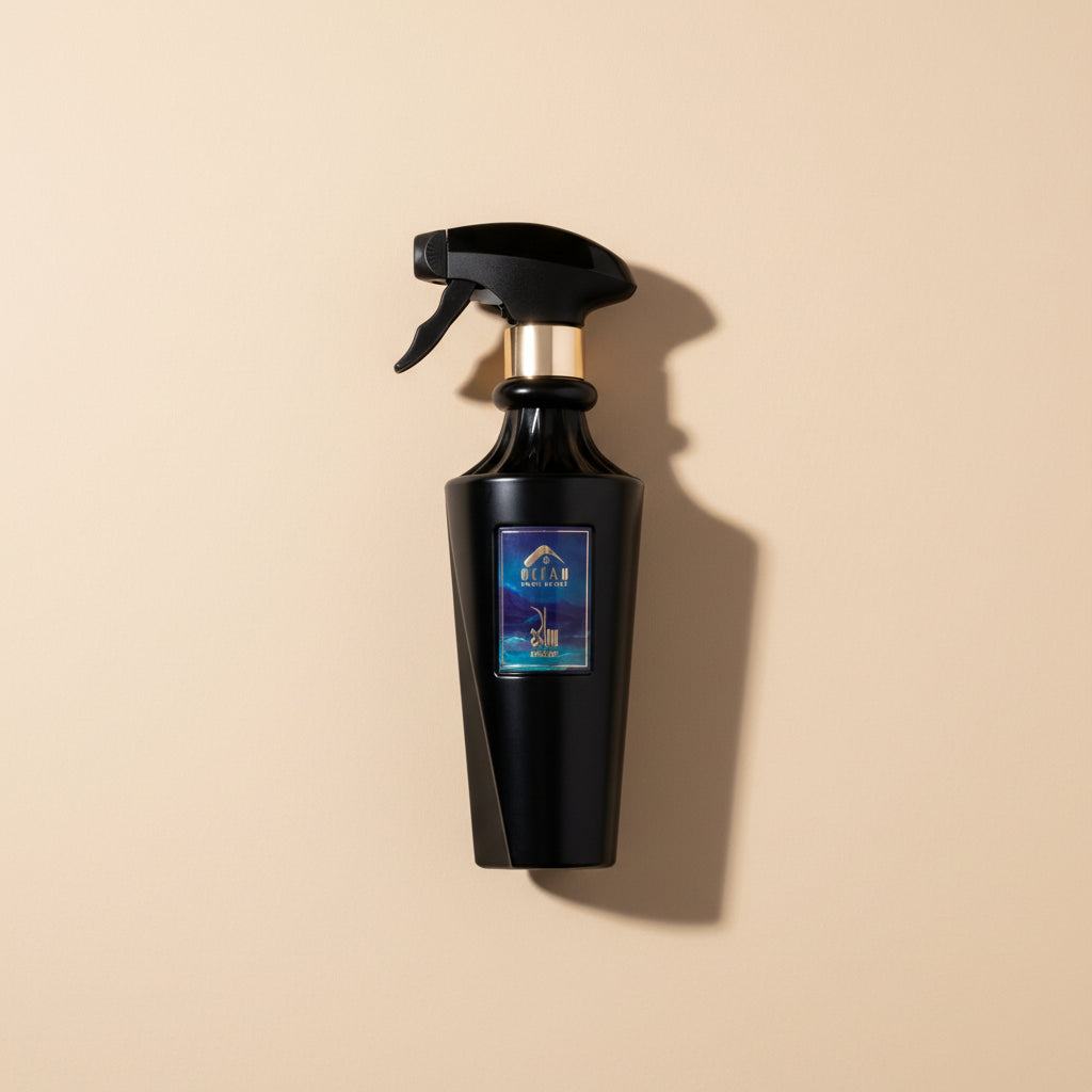 Black perfume bottle with spray nozzle and matching cylindrical packaging on a white background