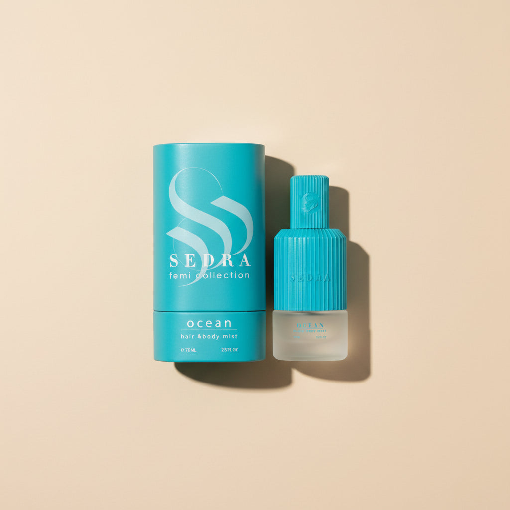 Sedra ocean hair and body mist packaging on a white background