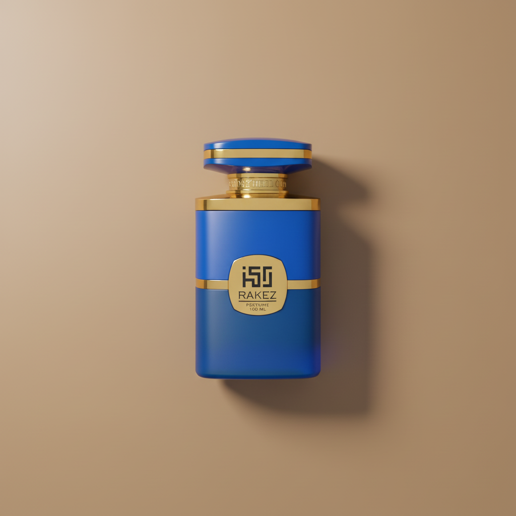 Blue and gold Rakez perfume bottle on a white background