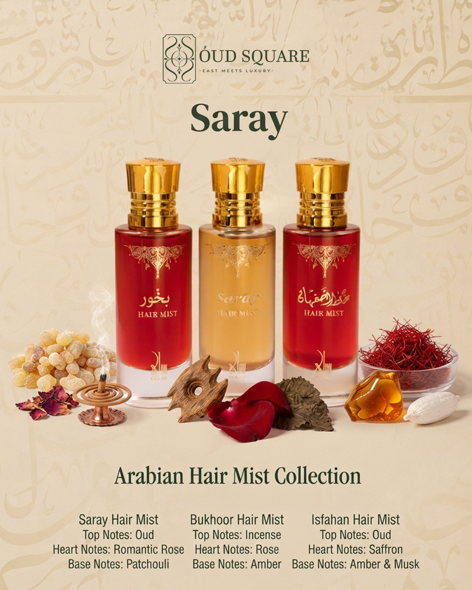 Saray Arabian Hair Mist Collection — Saray oud rose Bukhoor incense amber Isfahan saffron hair mist set