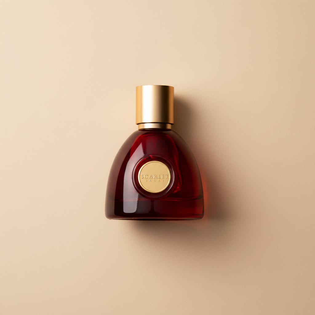 Red perfume bottle with gold cap and label on a white background