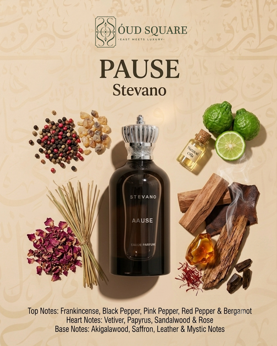 Pause bold spicy masculine EDP by Stevano — frankincense pepper vetiver leather saffron at Oud Square