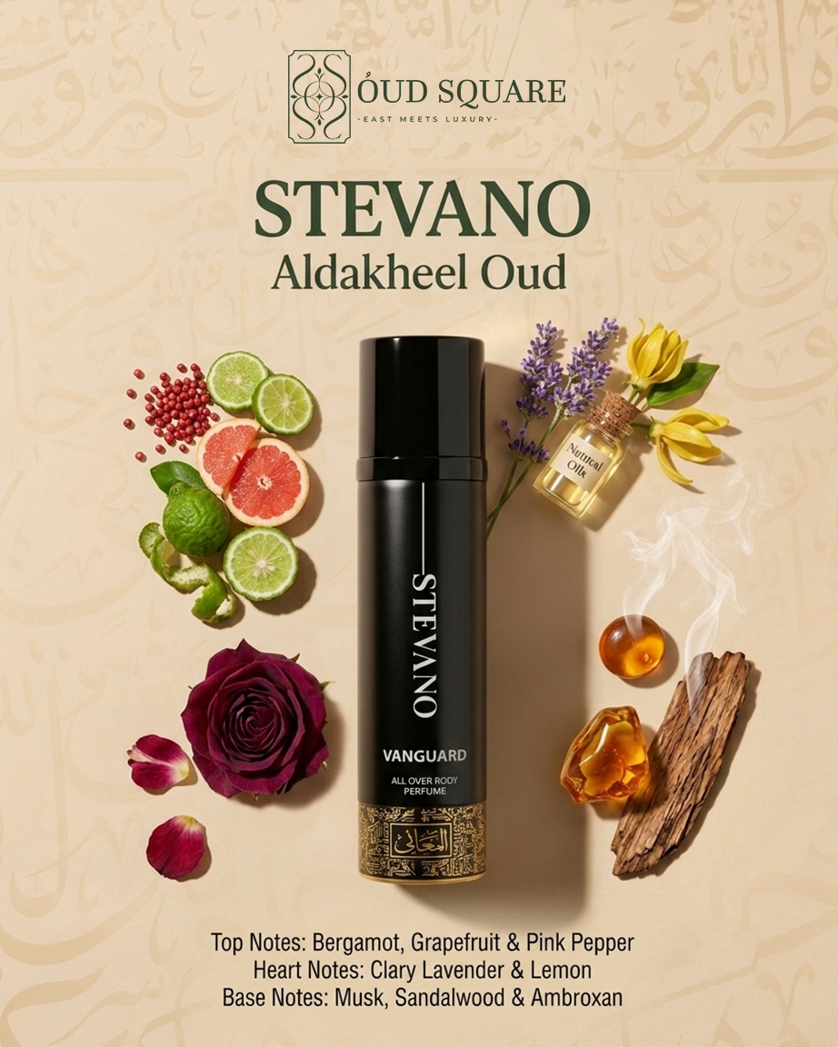 Vanguard fresh citrus woody body and hair mist by Stevano — daily unisex fragrance spray at Oud Square