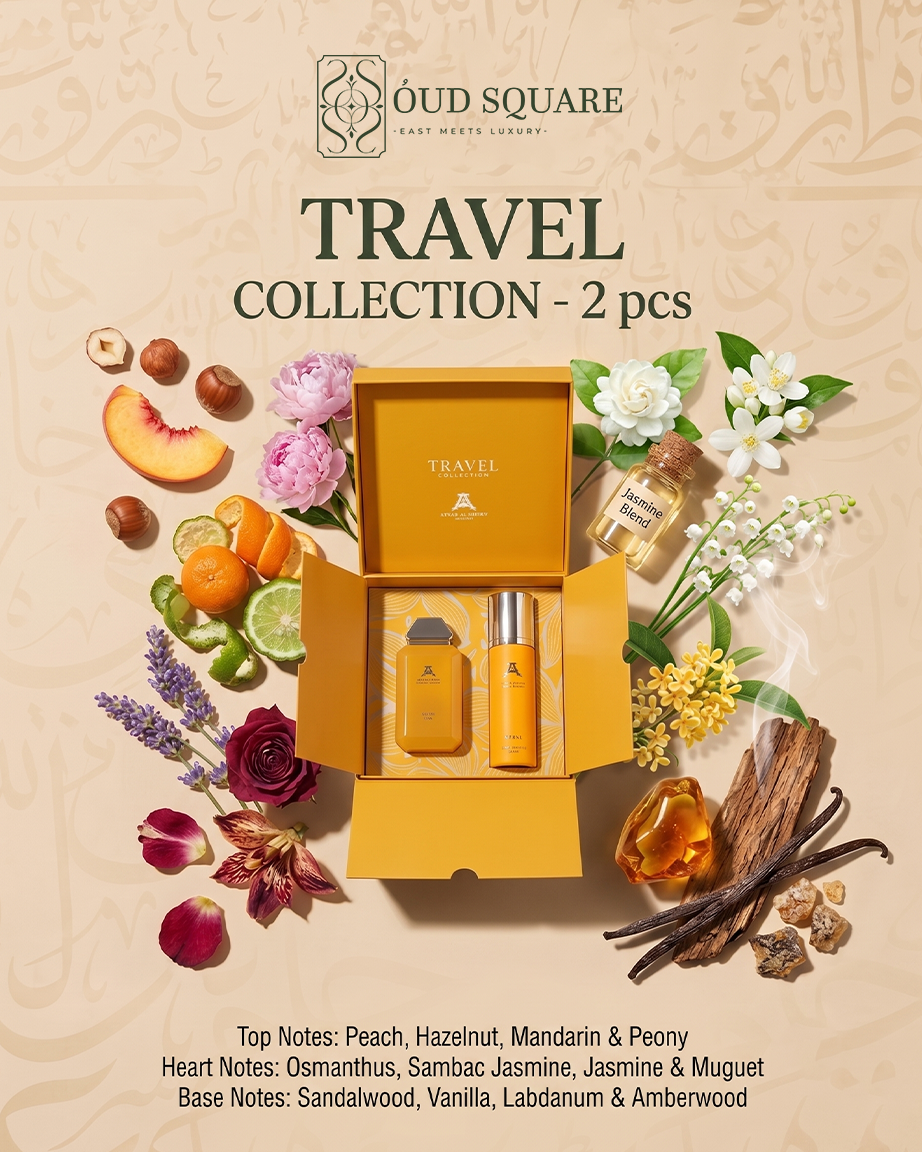 Travel Collection with peach jasmine and sandalwood amberwood — warm floral fragrance duo