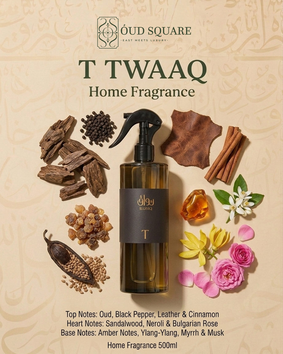 Home Fragrance T 500ml bottle on dark elegant background — bold Oriental luxury room spray at Oud Square