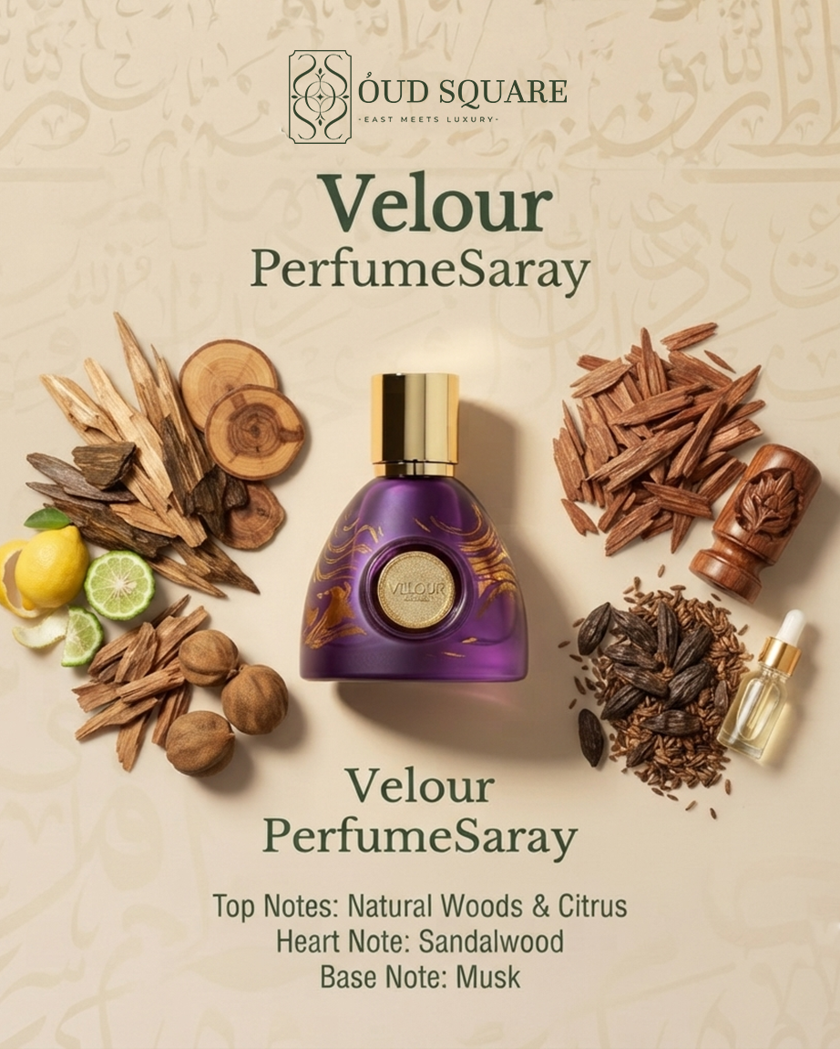 Velour EDP by Saray — natural woods citrus sandalwood musk soft velvety unisex perfume bottle