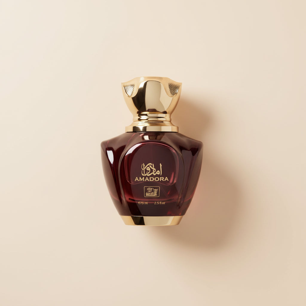 Amadora perfume bottle with gold cap on a white background