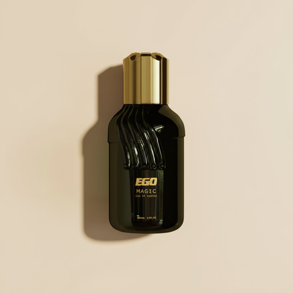 Black and gold EGO Magic perfume bottle on a white background