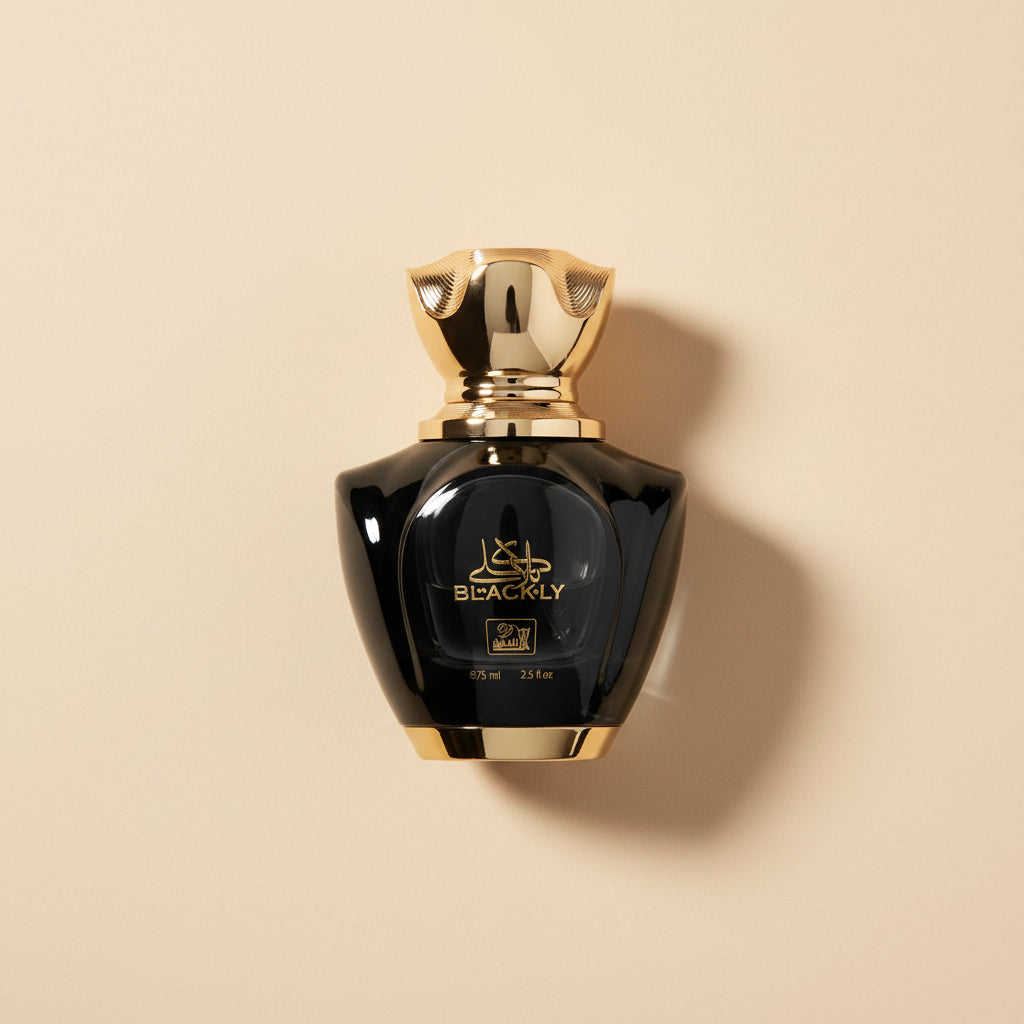 Black and gold perfume bottle with 'Blackly' branding on a white background