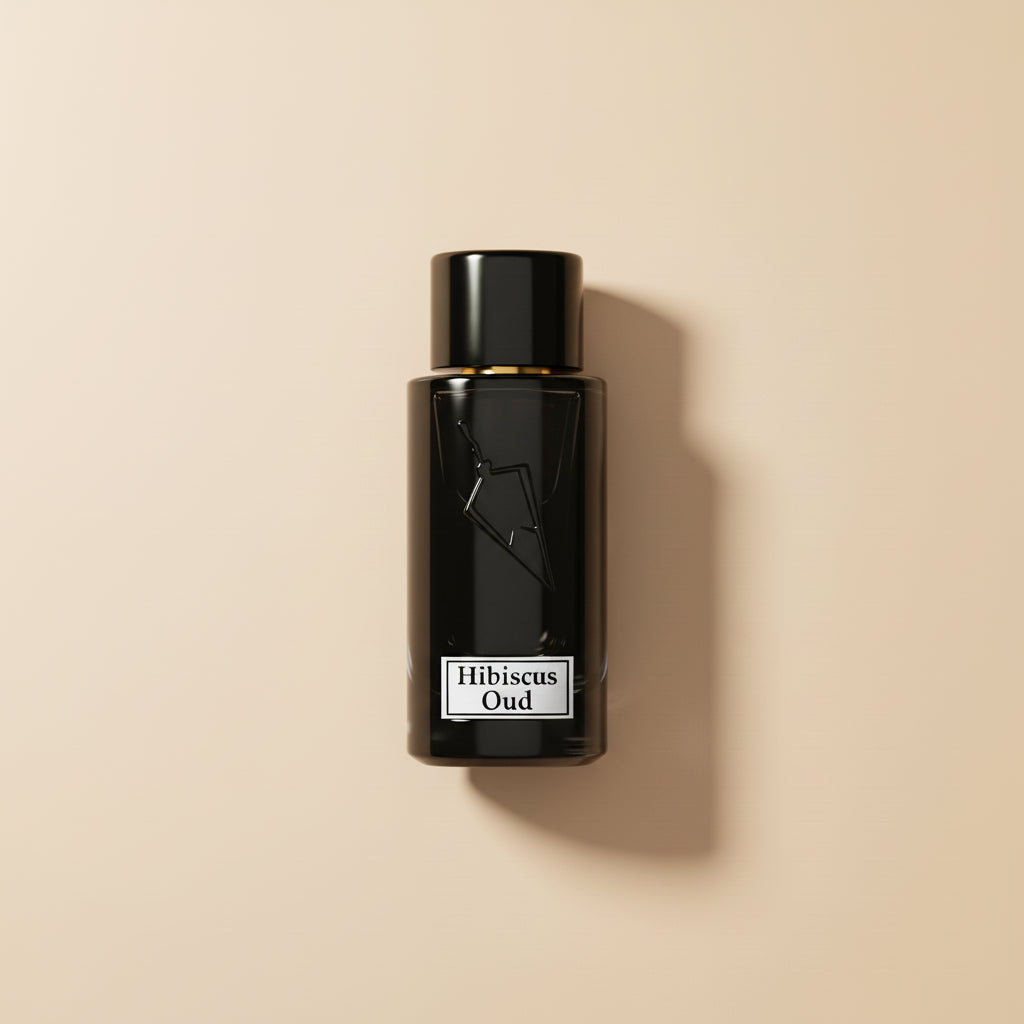 Black perfume bottle labeled 'Hibiscus Oud' on a white background