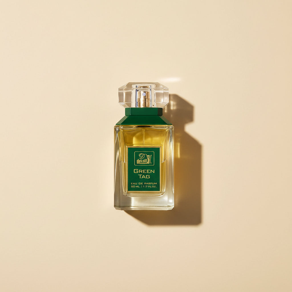 Perfume bottle labeled 'Green Tag' on a white background