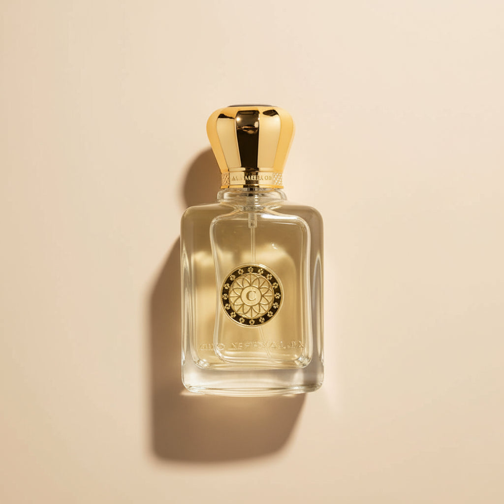 Perfume bottle with gold cap and label on a white background