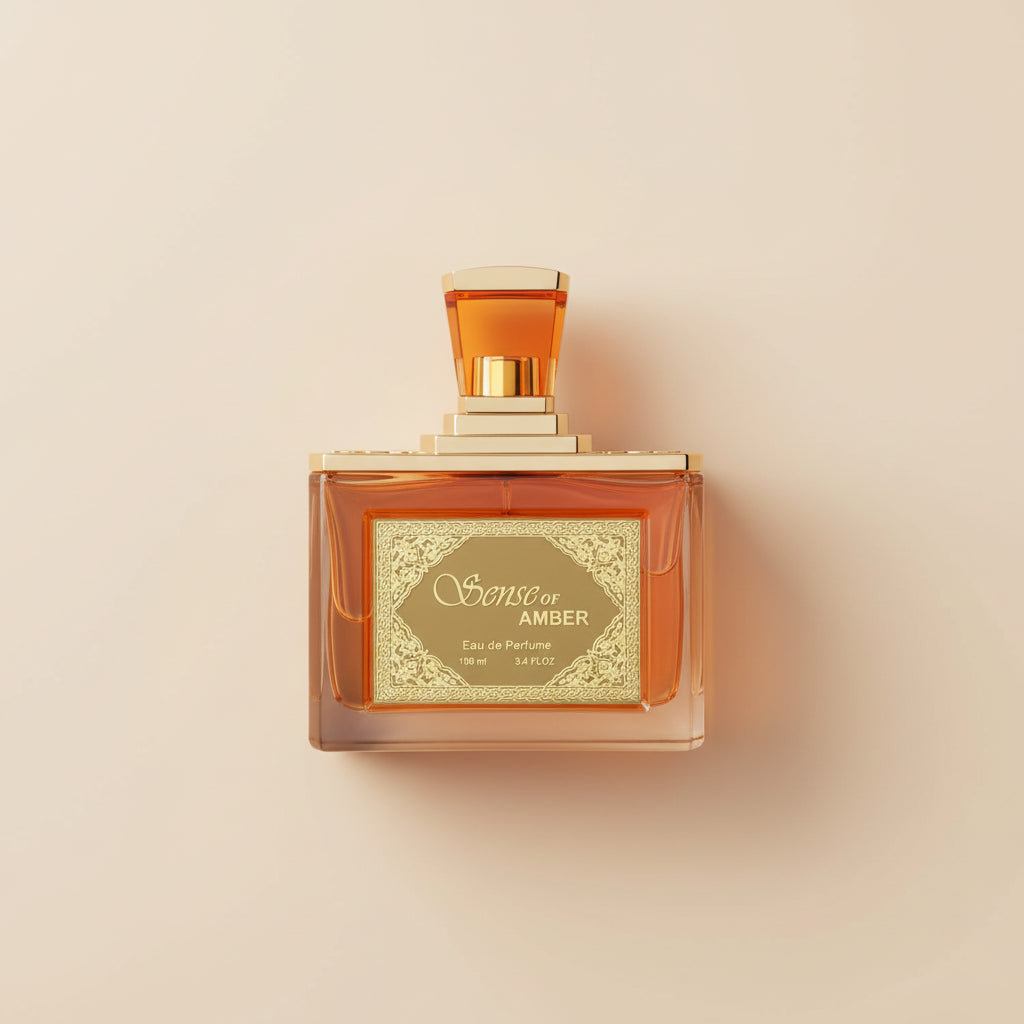 Perfume bottle labeled 'Sense of Amber' on a white background