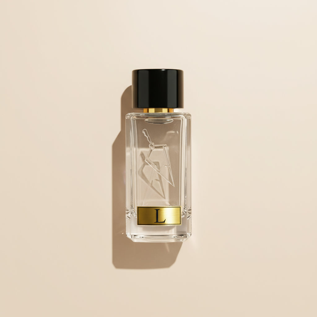 Perfume bottle with a black cap and gold accents on a white background