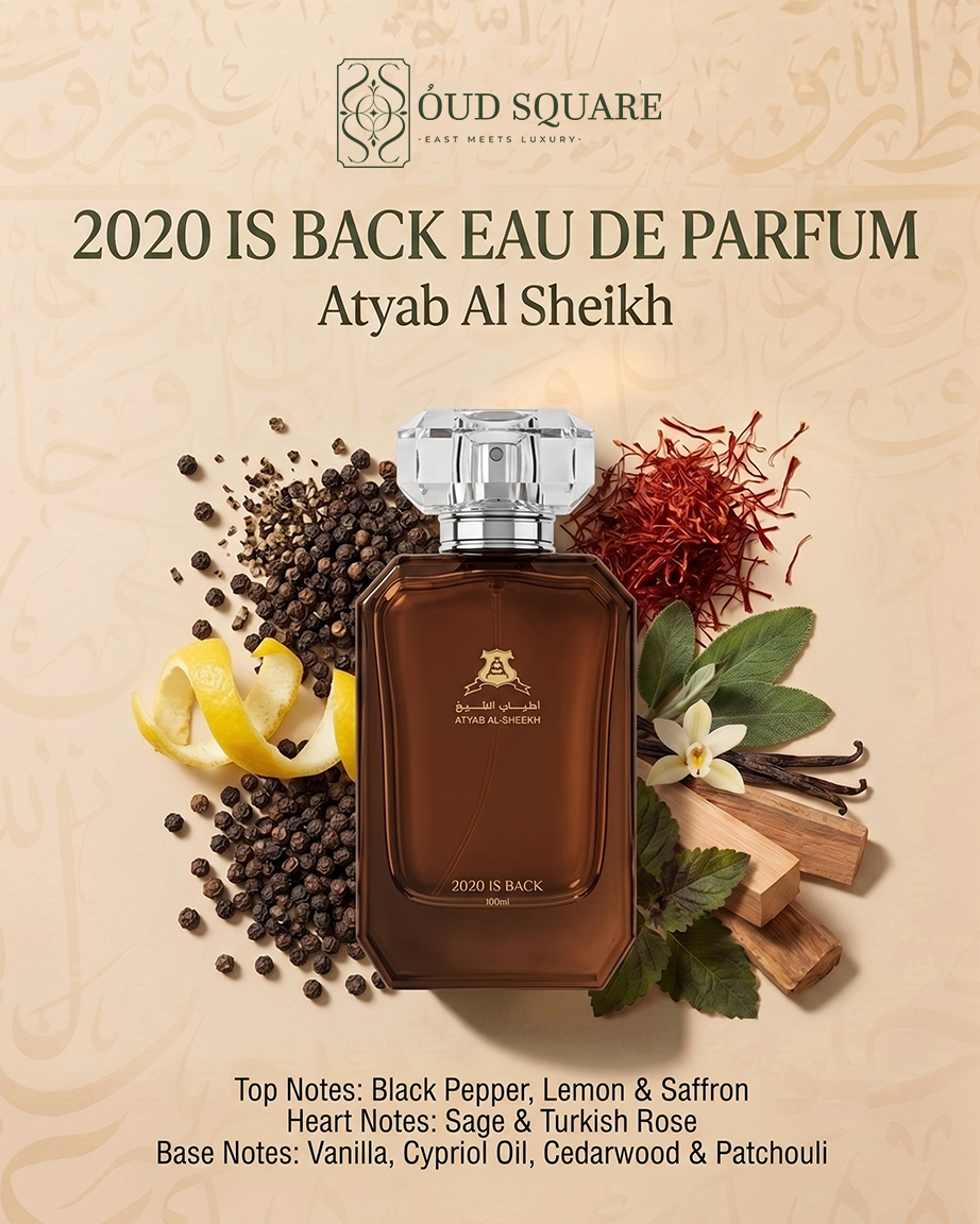 2020 Is Back luxury warm Oriental perfume bottle on dark elegant background — bold EDP at Oud Square
