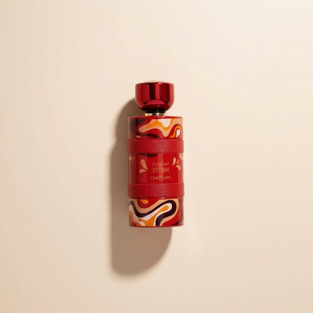 Red and orange patterned perfume bottle on a white background